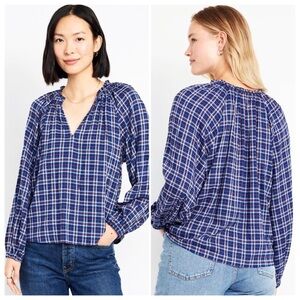 Old Navy : size XS : plaid long sleeve split-neck button ruffle flowy blouse top